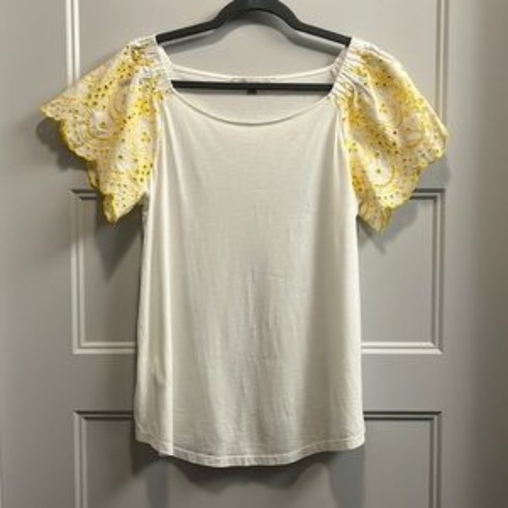Ann Taylor Loft White Yellow Eyelet Ruffle Top